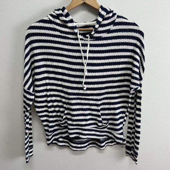 Y2K Abercrombie & Fitch Women's Hoodie Knit Navy Cream Stripe Pullover - Picture 1 of 5